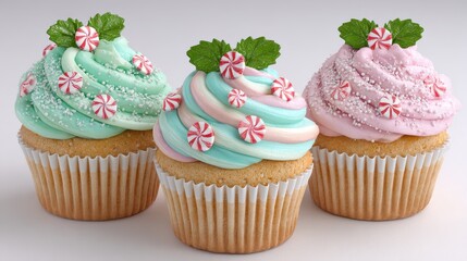 Three Frosted Cupcakes With Peppermint Candy And Mint Leaves White Background
