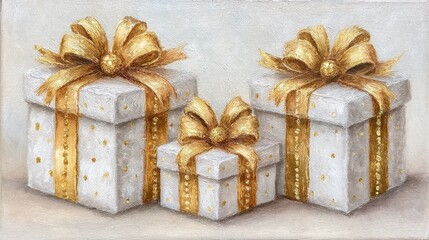 Three Glittering Gold and White Gift Boxes With Ribbons And Bows On A Snowy Background