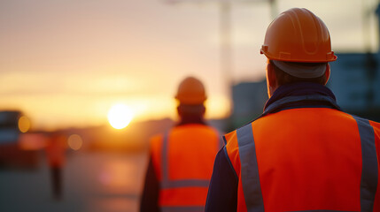 Group of construction workers wearing helmets and safety vests seen from behind, symbolizing teamwork, industrial safety, and organized workforce.
