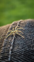 Macro Close-Up of a Small Spider on Fabric with Green Bokeh Background