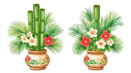 Two Green Bamboo Arrangements with Red and White Flowers in Ornate Pots