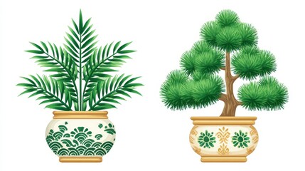 Two Green Potted Plants With Decorative White And Gold Pots Isolated On White Background
