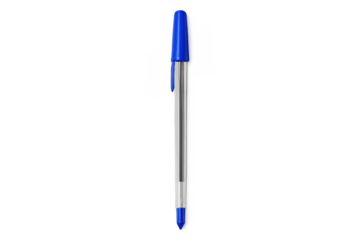 Blue ballpoint pen transparent barrel on isolated background