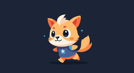 Fototapeta premium Cute little orange fox character with a blue backpack adorned with a star is happily walking on a dark background with sparkles.