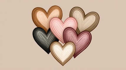 Various Heart Shapes Textured With Subtle Colors And Fine Lines On A Neutral Background
