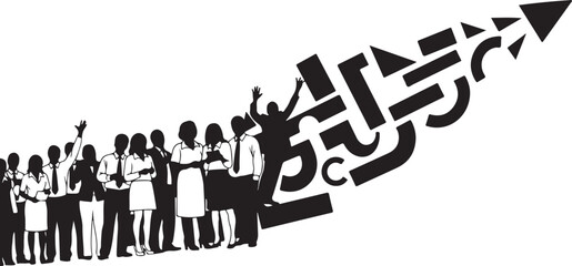 Silhouette of diverse group of people climbing up arrow