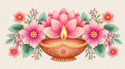 Vibrant Floral Arrangement With A Decorative Diya Lamp In The Center Illuminated With A Warm Flame