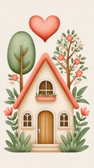 Whimsical Cottage with Blooming Trees and Heart Above in Pastel Hues