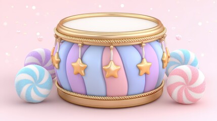 Whimsical Carousel Drum with Swirl Lollipops and Twinkling Stars on a Soft Pink Background