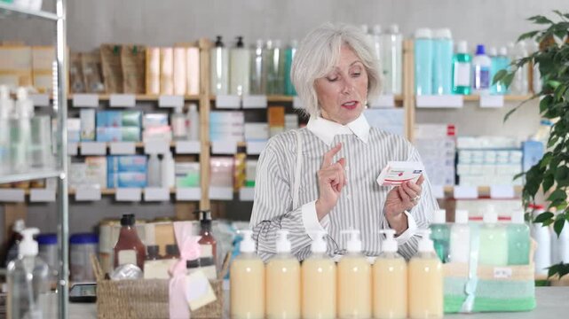 Mature woman in summer clothes buys paracetamol medicine at a pharmacy. High quality 4k footage