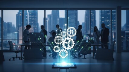 Business Team Meeting with Digital Gears and Futuristic Cityscape Background