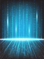 Futuristic digital background with glowing binary code flowing vertically, representing data transfer, cyber technology, coding digital information systems.