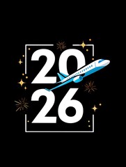 Vibrant 2026 Celebration Illustration with Soaring Airplane and Sparkling Fireworks on Dark Background
