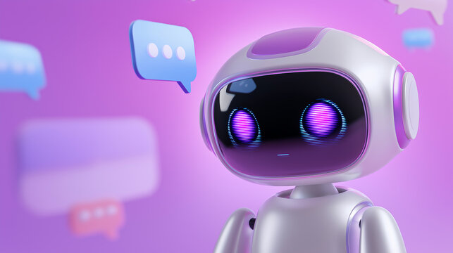 Cute AI chatbot robot with speech bubbles on a purple background, symbolizing friendly artificial intelligence, communication, and digital assistance.
 - Powered by Adobe