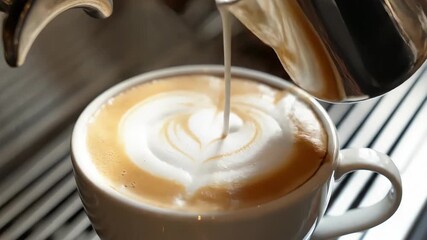 Barista pouring steamed milk into coffee cup, creating intricate latte art design with smooth flow, showcasing skillful technique and attention to detail in beverage preparation process