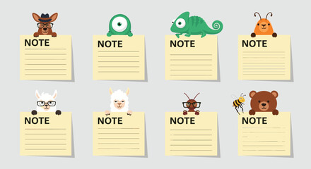 Collection of yellow sticky notes for reminders and messages, each featuring a different cute animal character peeking over.