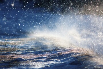 Close up of snow falling on textured ground with bright sunlight winter cold