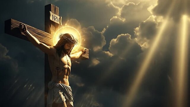 Jesus Christ on the cross illuminated by divine golden light and rays.