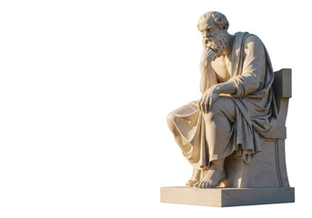 Fototapeta premium Ancient Greek marble statue, philosopher, long beard, elegant toga, seated contemplatively, transparent studio, copy space, golden light, concept of philosophical thought
