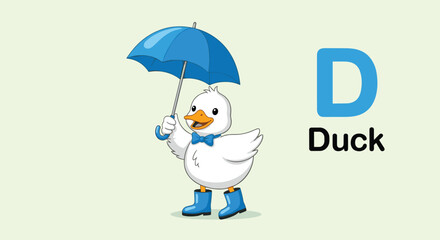 Fototapeta premium An educational alphabet flashcard for the letter D, featuring a cute white duck holding a blue umbrella and wearing boots.