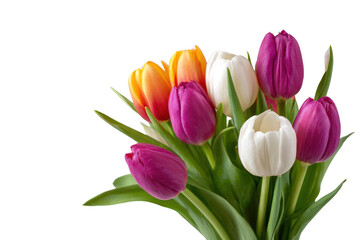 Fototapeta premium Closeup bunch of purple orange and white tulips in green leaves on black backdrop flowers