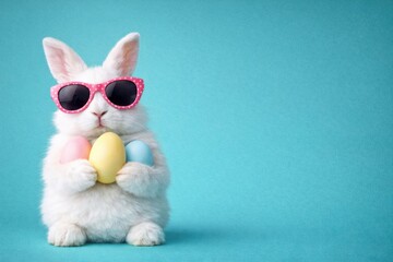 Cute white bunny wearing sunglasses holding colorful Easter eggs on blue background in fun spring style
