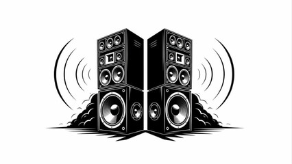 Large Professional Audio Speaker Towers Illustration with Sound Waves for Music Event and Sound System Design