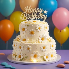 birthday cake with candles and balloons