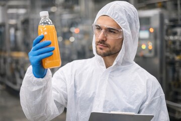 Scientist in protective clothing analyzing orange liquid in bottle at modern food production factory