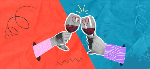 A trendy halftone pop art collage. A man and woman holding glasses of red wine. Young people in love against an orange and blue background. Celebration concept.