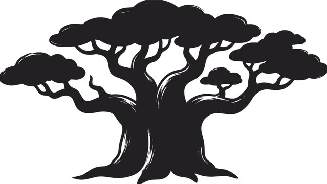 Black baobab tree silhouette with thick trunk and rounded canopy isolated on white background, elegant nature illustration for branding and design
