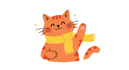 A friendly and cute ginger tabby cat with a warm yellow scarf is smiling and waving a paw in a cheerful greeting.