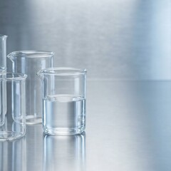 Clean Minimalist Chemistry Lab with Glass Beakers and Steel Surfaces