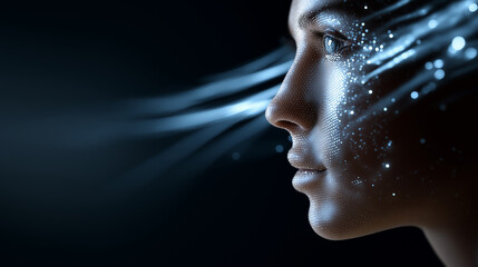 Close-up of a human eye emitting colorful light rays, symbolizing vision, perception, and advanced digital technology.