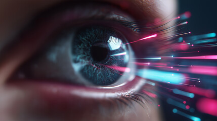 Close-up of a human eye emitting colorful light rays, symbolizing vision, perception, and advanced digital technology.
