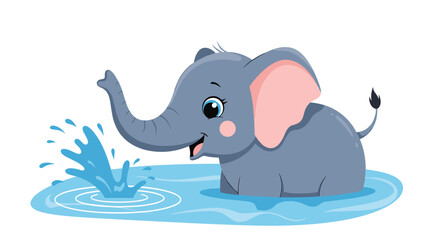 Obraz premium An adorable baby elephant with big eyes and rosy cheeks is happily splashing water with its trunk while playing in a puddle.