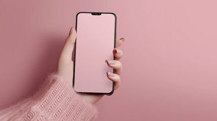 ピンク背景で手に持つスマートフォンの空白画面モックアップ