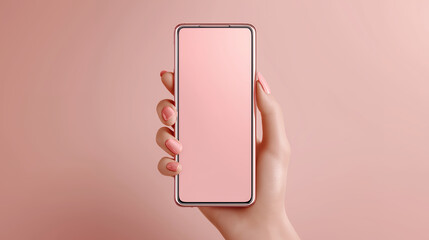 ピンク背景で手に持つスマートフォンの空白画面モックアップ