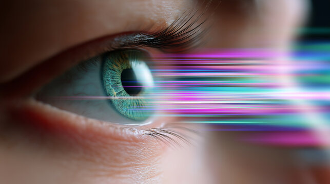 Close-up of a human eye emitting colorful light rays, symbolizing vision, perception, and advanced digital technology.
 - Powered by Adobe