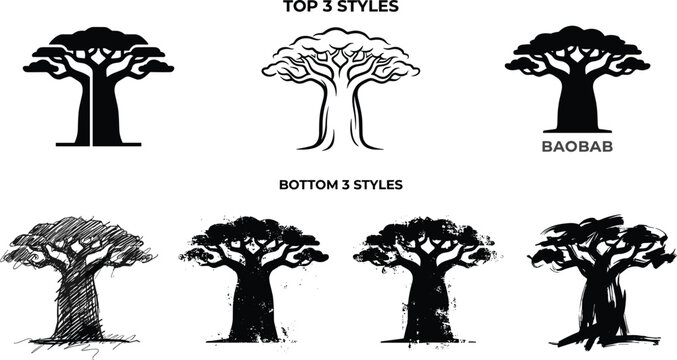 Baobab tree silhouette illustration set showing six artistic styles including minimalist, logo, sketch, grunge, and expressive ink art on white background