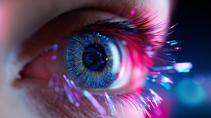 A close-up human eye with digital light streams illustrates data vision, perception, and futuristic technology.
