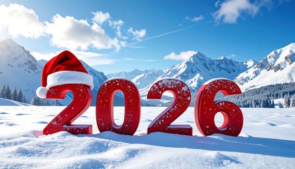 Snowy vista featuring large red numbers with a Santa hat
