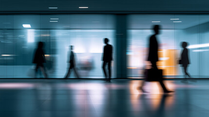 Fototapeta premium Blurred business people walking through a glass corridor represent corporate motion and modern professional life. 