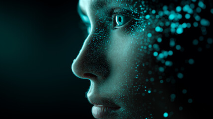 A futuristic human face illuminated by digital data streams represents artificial intelligence and cyber consciousness.

