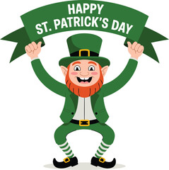 A cheerful illustration depicts a happy leprechaun with a green hat celebrating st patrick s day with a ribbon