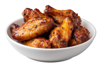 Crispy golden brown roasted chicken wings with herbs in white bowl closeup