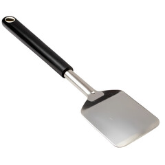 Professional metal burger flipper with black grip, isolated subject on transparent background