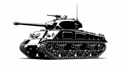 Military Battle Tank Black and White Illustration for Armored Vehicle and War History Graphic Design