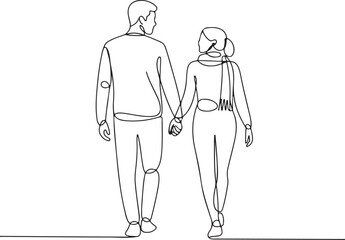 Young couple walking together holding hands continuous one line vector drawing