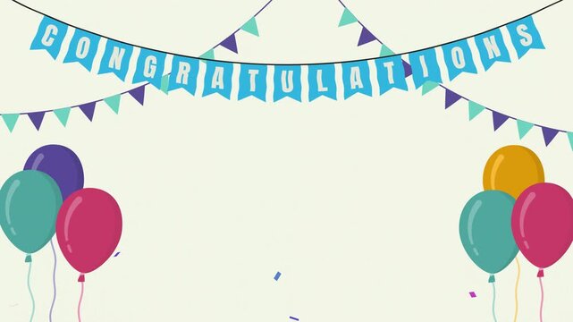 Congratulations flag banner animation with confetti and balloon. Congratulations party animation background, 4k video